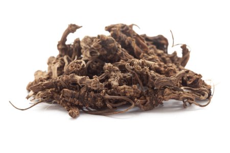 Close-up of Dry Sugandha Bala (Pavonia Odorata) roots, isolated on a white background. Front view