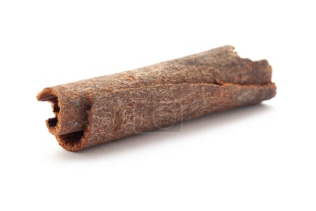 Primer plano del bastón de canela (Cinnamomum verum) aislado sobre un fondo blanco. Vista frontal