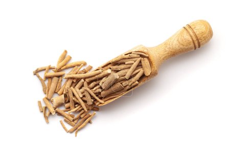 Top view of Organic Dry Ashwagandha (Withania somnifera) roots, in a wooden scoop. Isolated on a white background.