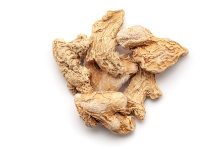 Top-down view of Dry Organic Ginger root (Zingiber officinale) or sonth, isolated on a white background.