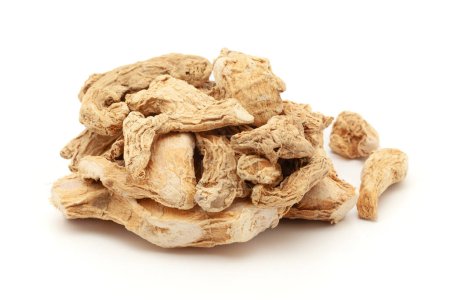 Close-up of Dry Organic Ginger root (Zingiber officinale) or sonth, isolated on a white background. Front view
