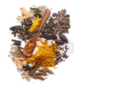 Top view of Organcalledic digestive powder  "Buknu" with its raw spices ingredients, Isolated on a white background.