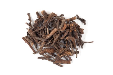 A pile of Dry Organic Nirgundi (Vitex negundo) roots, isolated on a white background. Top view