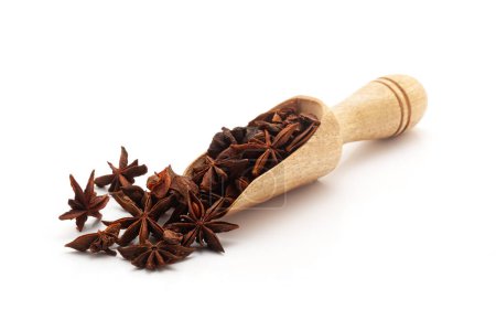 Top view of Organic Star anise or Chakra Phool (Illicium verum) in a wooden scoop. Isolated on a white background.