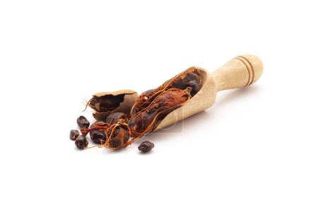 Front view of a wooden scoop filled with Fresh Organic Sweet Tamarind (Tamarindus indica) Frruit. Isolated on a white background.