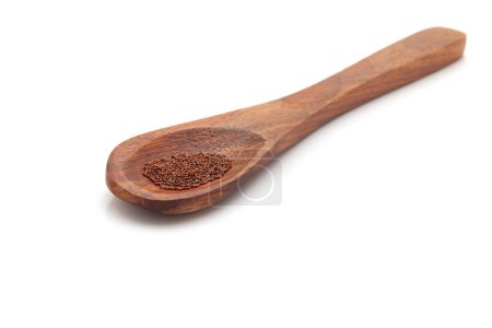 Front view of a wooden spoon filled with Organic Petunia (Petunia exserta) seeds. Isolated on a white background.