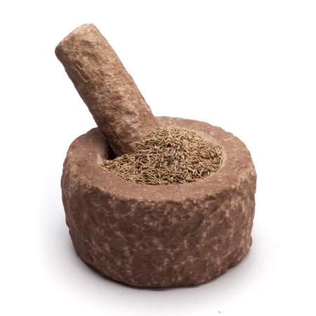 Organic Cumin seed (Cuminum cyminum) in mortar with pestle, isolated on white background.