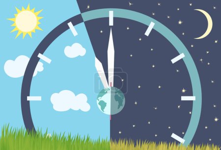 Autumnal equinox, astronomical beginning of autumn. Night becomes longer than Day in the northern hemisphere. Sun and Moon over grass field. Vector illustration.