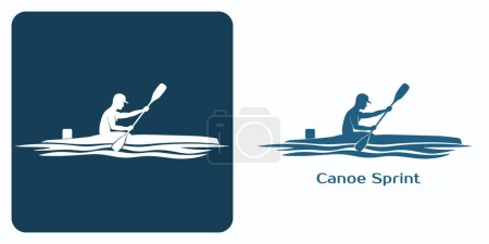 Canoe Sprint icons on dark and white background. Emblem of Athlete in canoe rowing in smooth waves. One of the summer sports games logo set. Vector illustration.