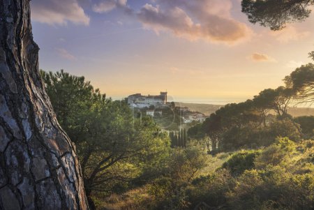 Téléchargez les photos : Vue d'en haut de la ville de Rosignano Marittimo et du château. Mer en arrière-plan au coucher du soleil. Région Toscane, Italie - en image libre de droit