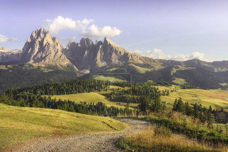 Téléchargez les photos : Alpe di Siusi ou Seiser Alm, Dolomites Alpes Sassolungo et Sassopiatto montagnes et sentier, Trentin Haut Adige Sud Tyrol, Italie, Europe - en image libre de droit