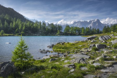 Téléchargez les photos : Le lac Arpy (Lago d'Arpy en italien) et la montagne des Grandes Jorasses dans le massif du Mont Blanc en arrière-plan. Morgex, Vallée d'Aoste, Italie - en image libre de droit