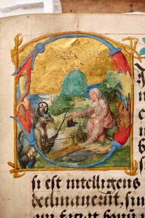 Foto de LVIV, UKRAINE - April 4, 2020: manuscripts in the medieval library. Incunabula. Artistic selective focus. - Imagen libre de derechos