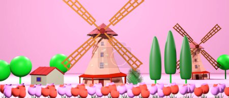 3D rendering of a Dutch windmill and buildings in beautiful tulips.