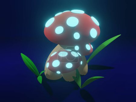 Foto de 3D rendering. 3D rendering of glowing mushrooms and grass in the moonlight. - Imagen libre de derechos