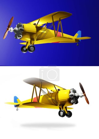 Téléchargez les photos : 3D rendering. 3d rendering of yellow old biplane aircraft on white and blue background - en image libre de droit