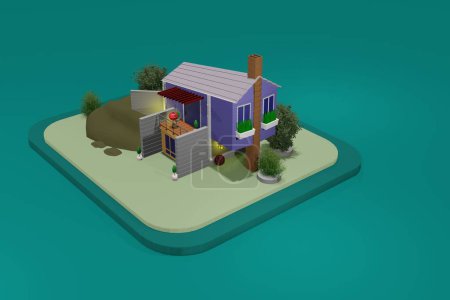 3D rendering. 3d rendering of a beautiful cottage with trees and bushes