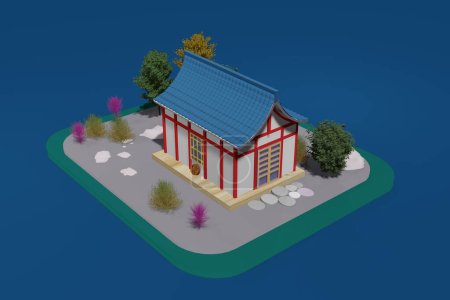 Téléchargez les photos : 3D rendering. 3d rendering of a Chinese style house. Small, cozy house with blue tiles - en image libre de droit