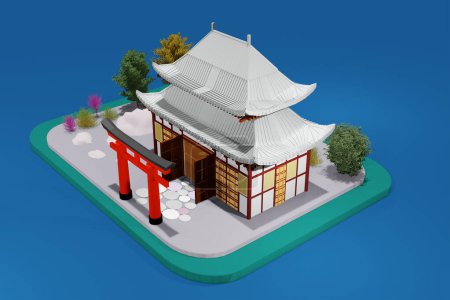 Foto de 3D rendering. 3D rendering of a Japanese temple and a Japanese tori gate. - Imagen libre de derechos