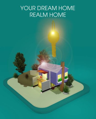 3D rendering. 3D rendering of your dream home. Big golden house key