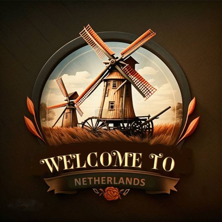 Téléchargez les photos : Raster image of the Netherlands logo. Windmills against the sky in retro style. - en image libre de droit