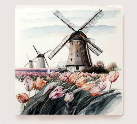 Molinos de viento holandeses, tulipanes, campos, pintura acuarela. Molinos en el campo y hermosos tulipanes