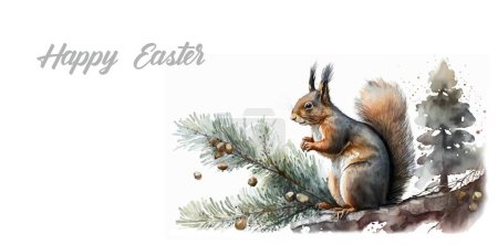 Aquarellzeichnung eines Eichhörnchens auf einem Baum. Text - Frohe Ostern!