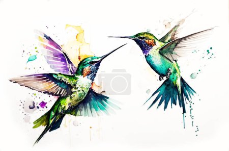 Akwarelowy rysunek kolibra w locie. Dwa piękne kolibry lecą obok siebie..