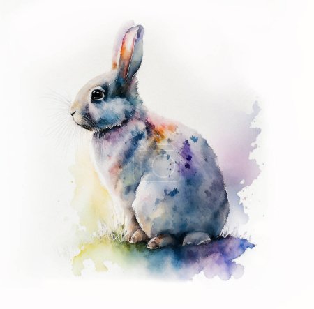 Aquarellzeichnung des diesjährigen Symbolhasen. Kleines buntes Kaninchen für Ihr Design