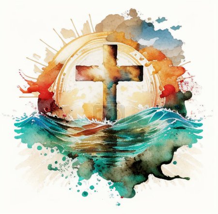 Photo for Watercolor drawing of a cross in the foam of waves and sun - Royalty Free Image
