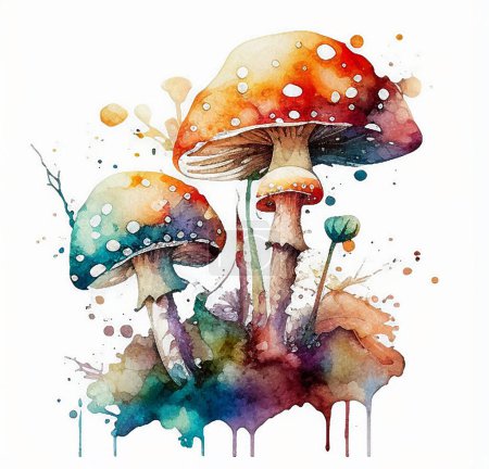 Multicolored mushrooms. Fly agaric and other plants. Watercolor drawing