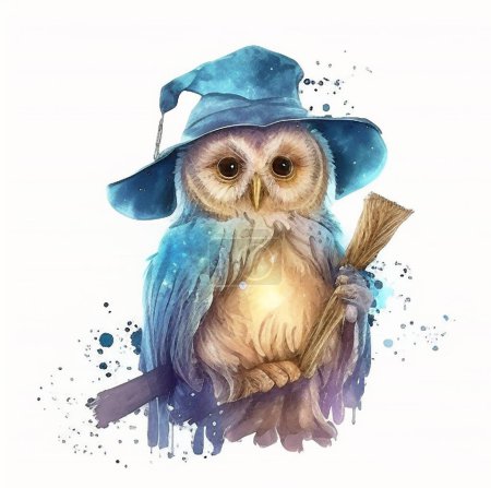 Photo for Fairy owl in a hat sits on a branch. Watercolor drawing - Royalty Free Image