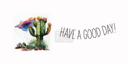 Beautiful blooming cactus on the background of clouds. Watercolor for your design