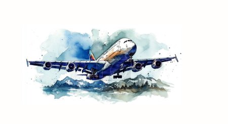 A plane taking off against the backdrop of mountains. Watercolor for your design