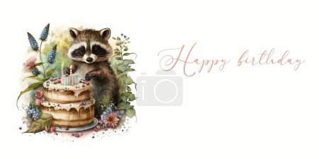 Photo for Postcard with a cute raccoon with a birthday cake. Watercolor for your design - Royalty Free Image