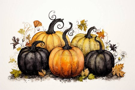 Photo for Drawing of multi-colored pumpkins with leaves on a white background. For your design - Royalty Free Image