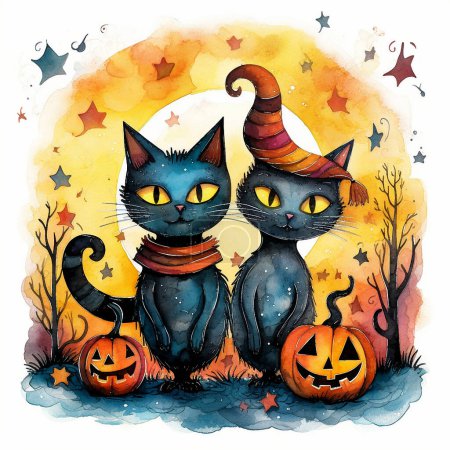Foto de Dibujo de acuarela de gatos divertidos para Halloween contra el telón de fondo de Jack-o '-linternas y puesta de sol - Imagen libre de derechos