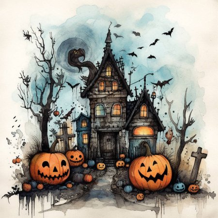Zeichnung für Halloween, Gruselhaus, Jack-o-Laterne-Kürbisse und Fledermaus.jpg