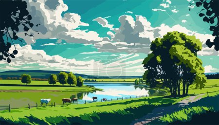 Illustration for Rural landscape illustration. Green meadows, river, clouds and cows eat grass - Royalty Free Image