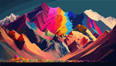 Ilustración de un fabuloso paisaje de montaña. Montañas multicolores sobre el fondo de prados y nubes