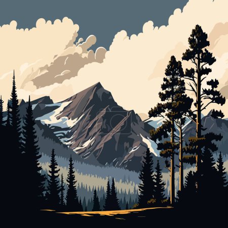 Ilustración del paisaje de montaña. Bosque severo y virgen sobre el telón de fondo de montañas y nubes