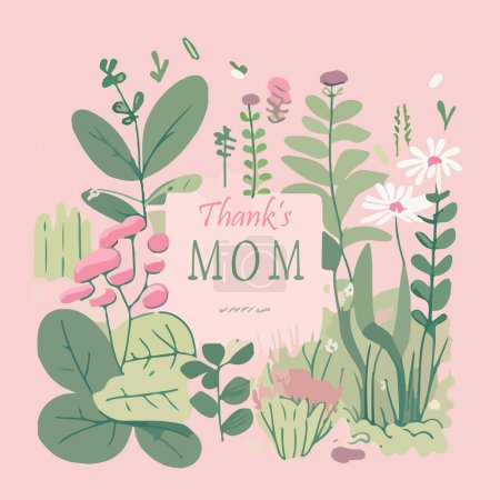 Illustration for Vector image of a greeting card drawing. Text - thank you mom. Vintage flowers on a colored background. For stickers and your design - Royalty Free Image