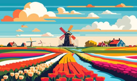 Illustration for Vector illustration of a landscape with Dutch tulips and windmills. For design posters and greetings. - Royalty Free Image
