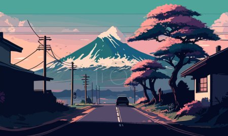 Illustration for Vector drawing. Landscape view of Mount Fuji for your design. - Royalty Free Image