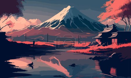 Illustration for Japan is the country of sakura. View of Mount Fuji 2. - Royalty Free Image
