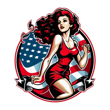 logo de la chica pin-up americana en el fondo de la bandera americana. Para su diseño de pegatina.