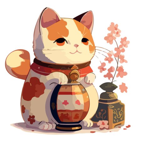 Téléchargez les illustrations : Dessin animé d'un chat asiatique avec une lampe sur fond blanc. Symbole de l'année. Pour votre design - en licence libre de droit
