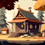 Cartoon landscape of Asian house in the forest. For your design