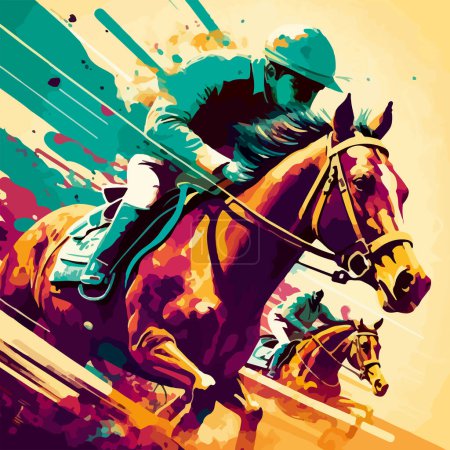 Téléchargez les illustrations : Dessin d'une compétition de courses de chevaux, le cavalier aspire à la victoire. Pour votre design. - en licence libre de droit