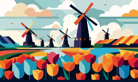 Téléchargez les illustrations : Illustration vectorielle d'un paysage avec des tulipes et des moulins hollandais. Pour les affiches de design et salutations - en licence libre de droit
